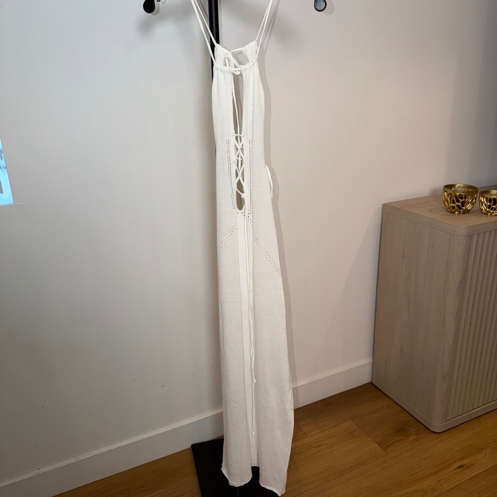 White Knit Lace Up Front Cut Out Maxi Dress Sexy Beach Cover Up Sleeveless M - Picture 2 of 8